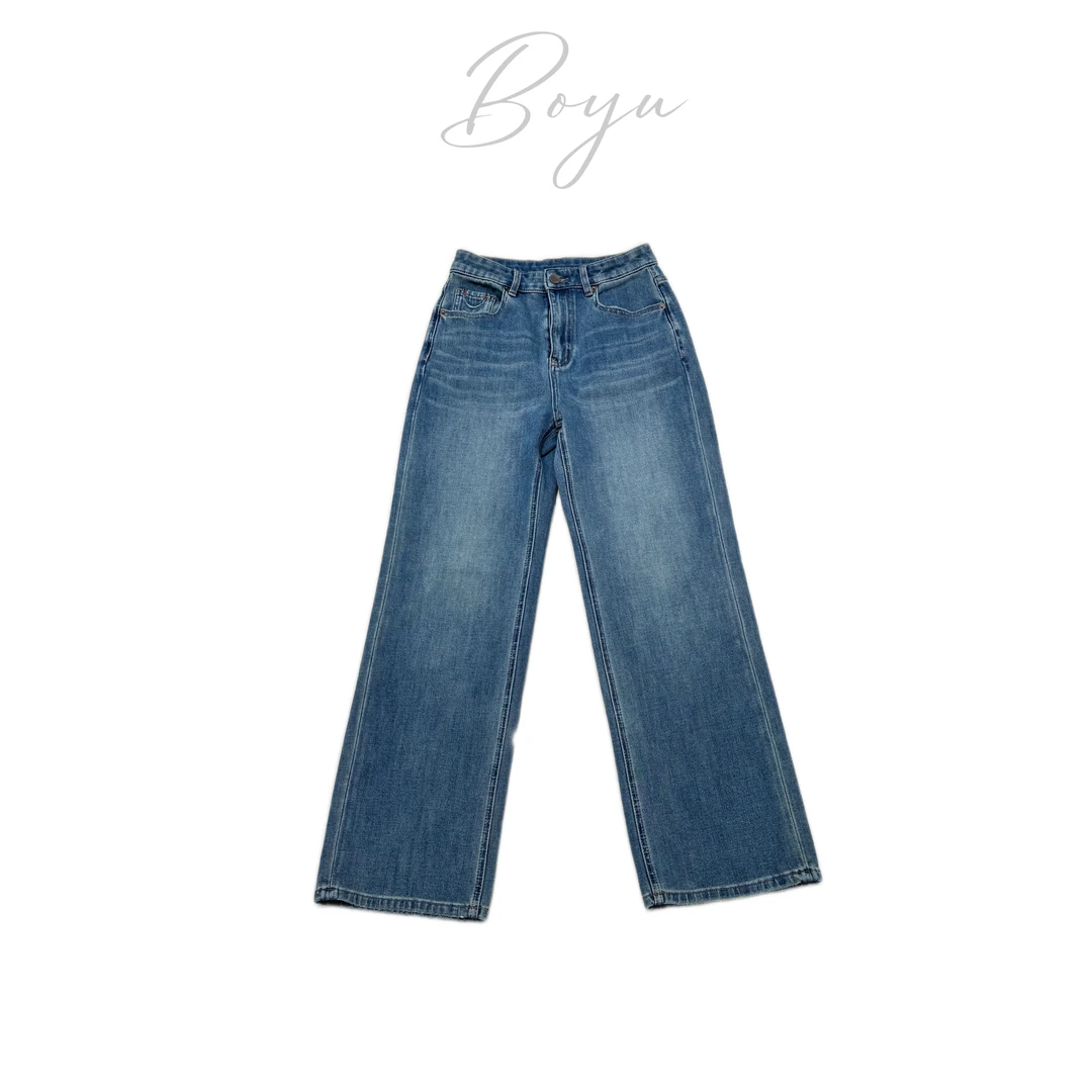 笑脸秋季新款阔腿显瘦水洗直筒女士牛仔裤休闲宽松