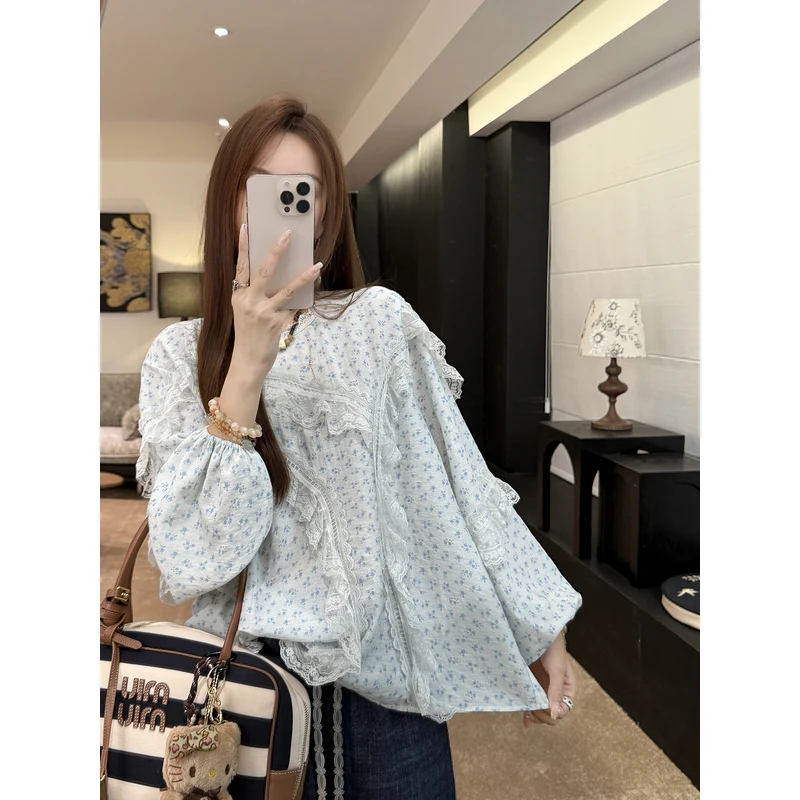 张涩涩 25早秋"小河彩棠" 蓝色蕾丝印花荷叶边亚麻混纺小衫