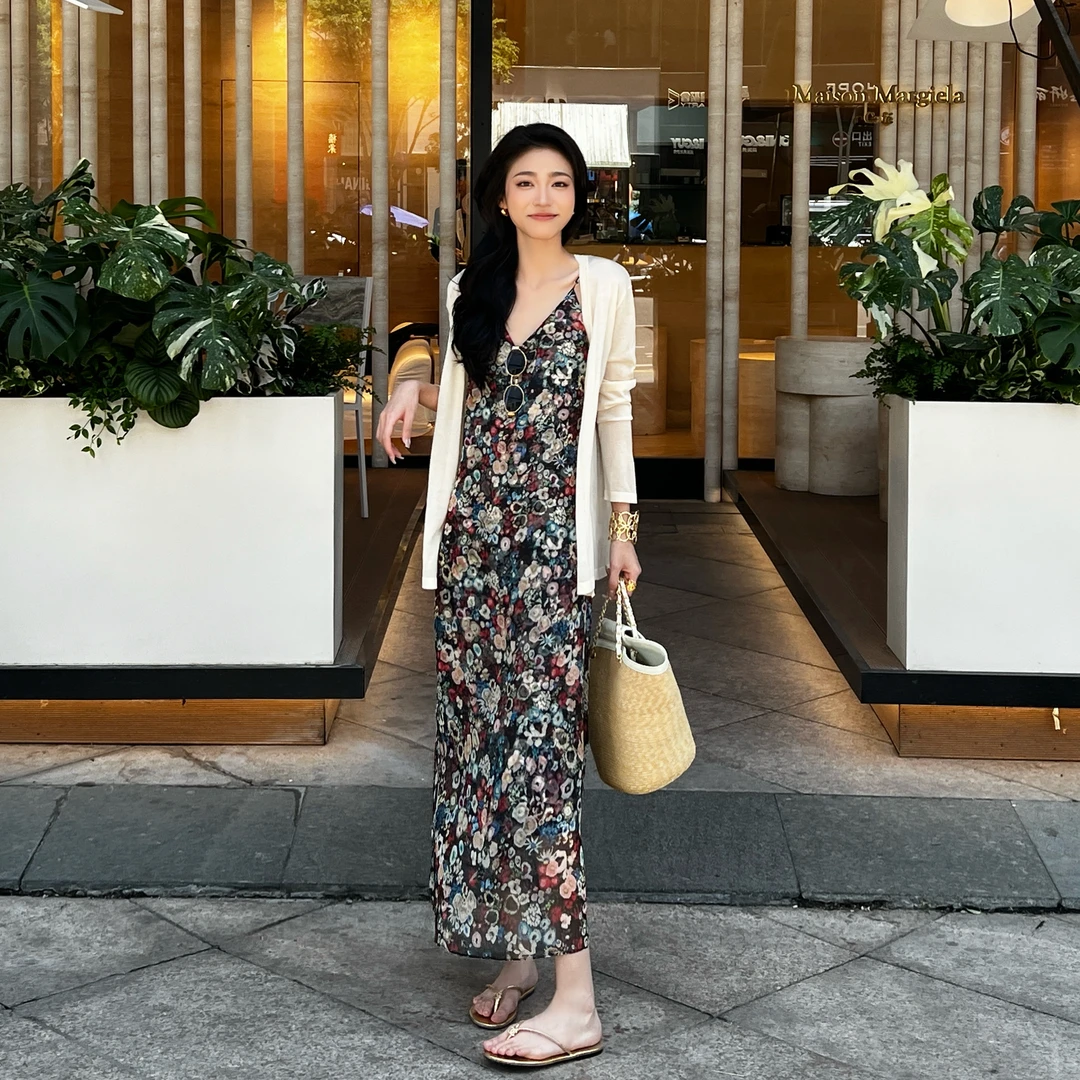THE MENG【油画】100桑蚕丝碎花吊带连衣裙#M262G2637 LZ