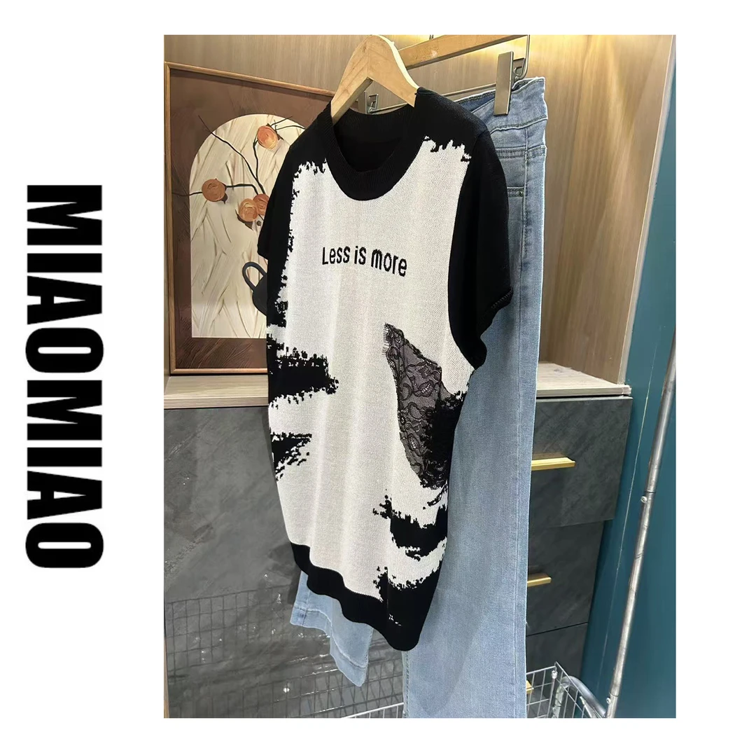 【苗苗】912梦中的梵高蕾丝提花短袖针织衫女春夏新款