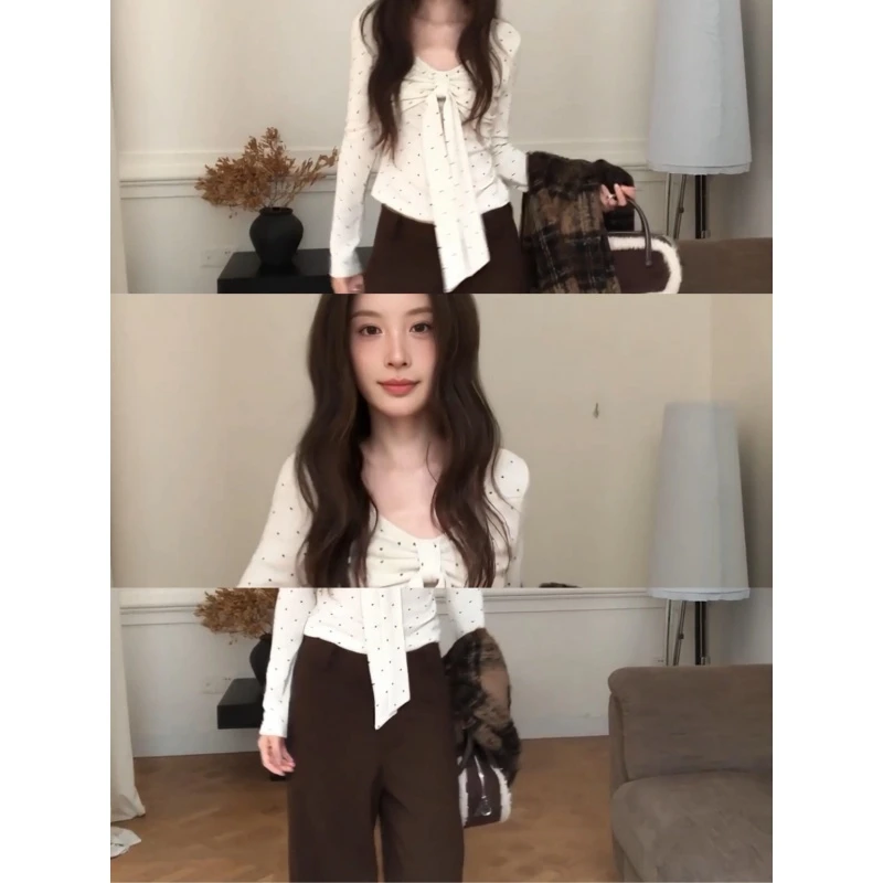 MARIE.COCO韩系设计感波点V领蝴蝶结上衣搭宽松垂感休闲裤女套装