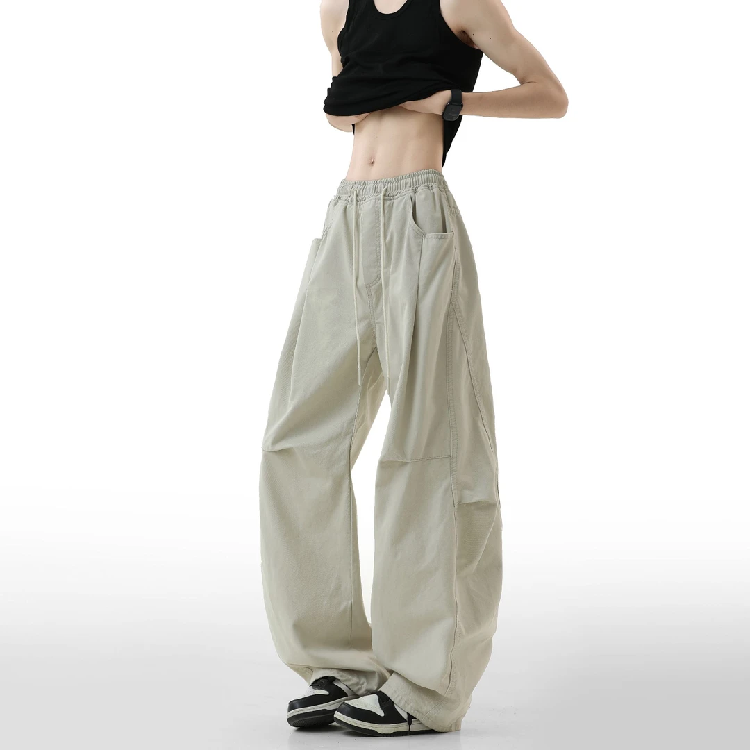 美式弯刀baggy版型米白色休闲裤男女纯棉工装伞兵裤松紧腰阔腿裤