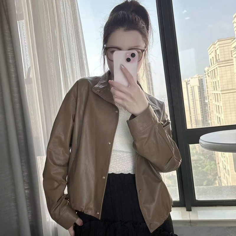 出口韩单春季新款全植鞣绵羊皮超薄女短款真皮外套117