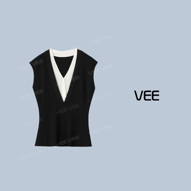 VEE【T台达人】25新品时尚气质桑蚕丝混纺假两件无袖针织衫