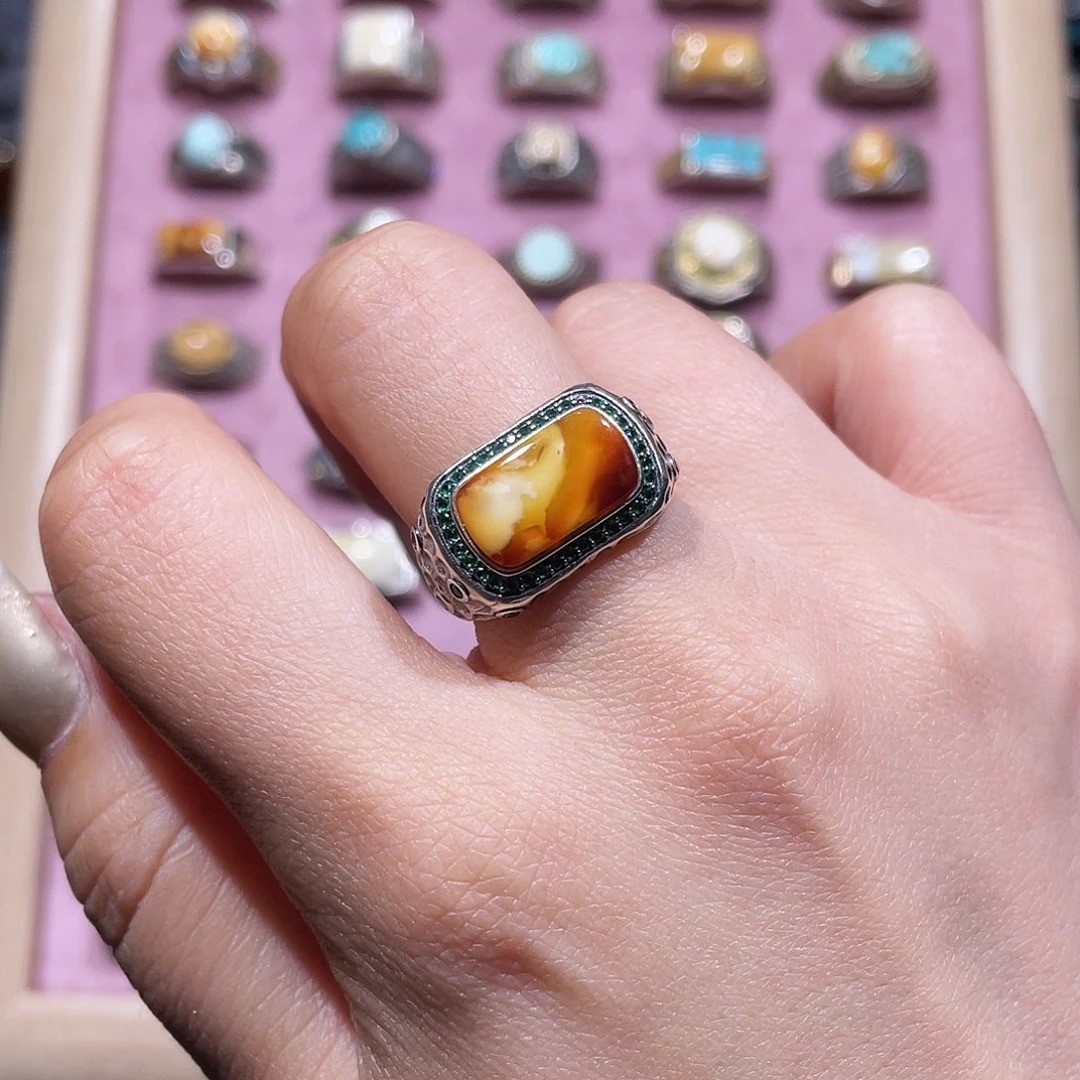 琥珀银S925镶嵌戒指戒指