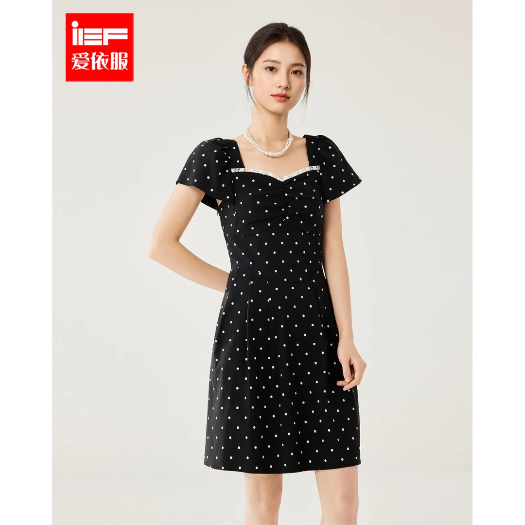 IEF/爱依服2025夏季新款波点显瘦修身通勤气质设计感简约短连衣裙