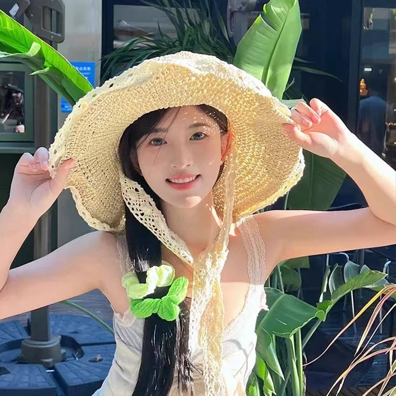 大头围彩色编织防晒草帽女夏季海边度假大帽檐太阳帽子沙滩遮阳帽