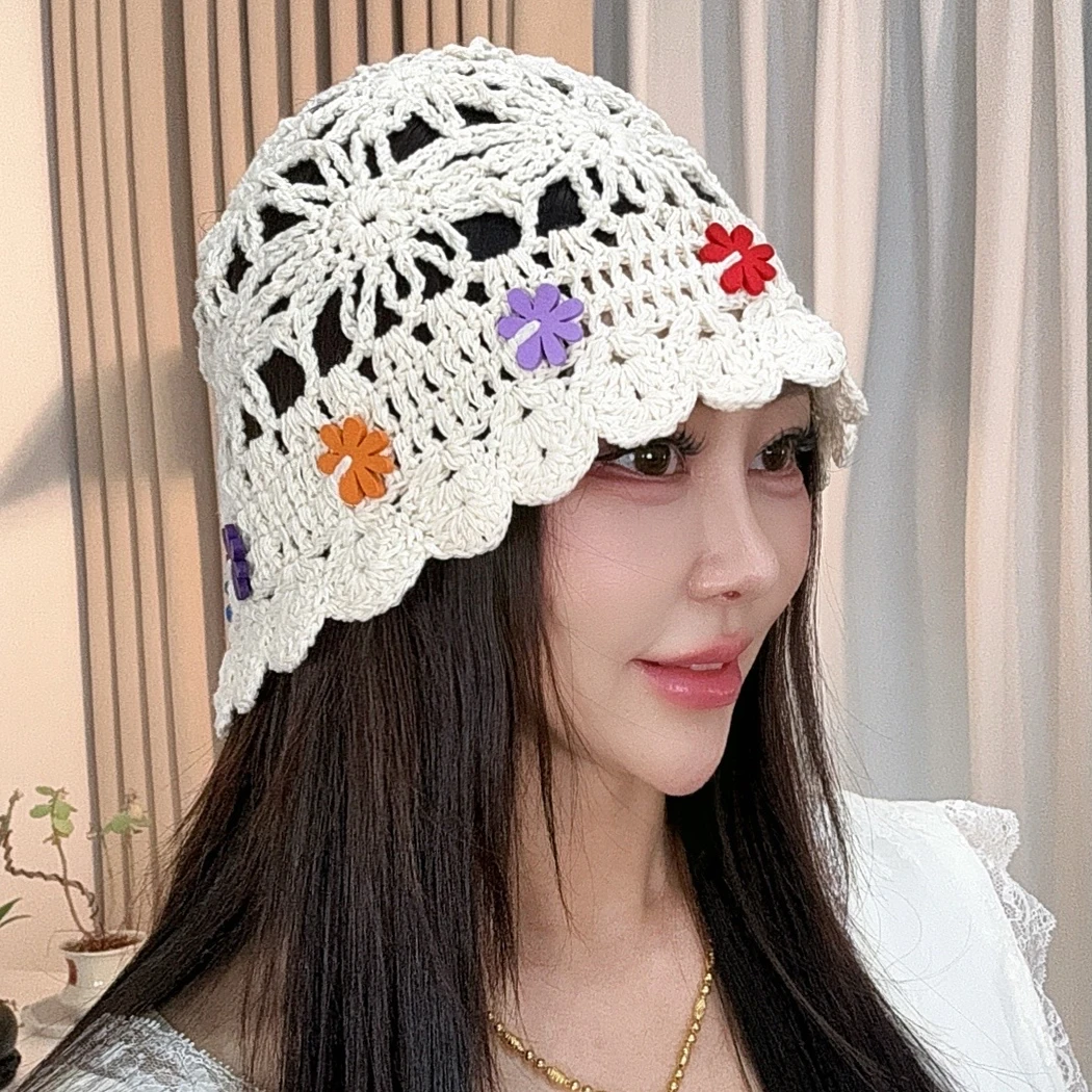 手工钩织新款镂空薄款花朵帽子蕾丝帽时尚包头帽气质百搭网红帽