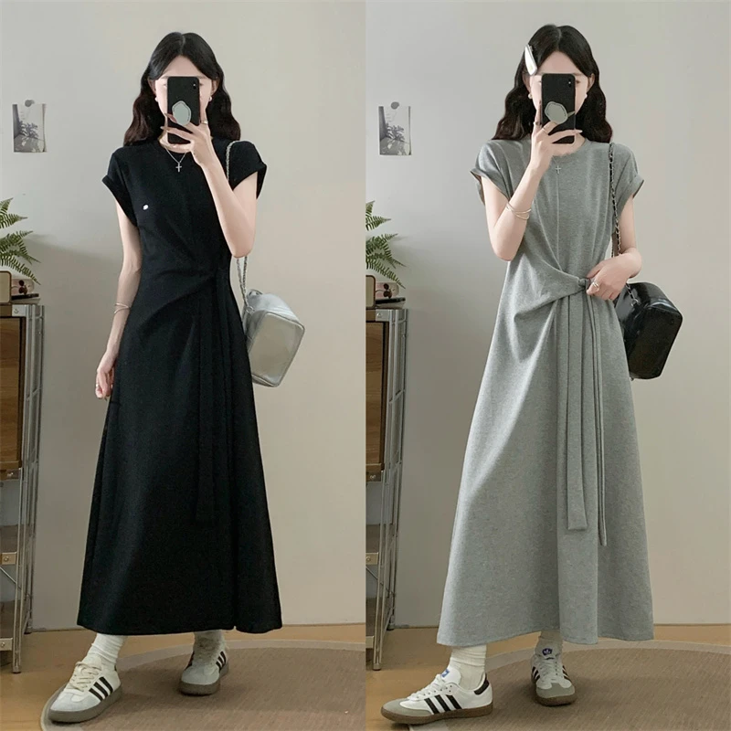 时尚设计感褶皱系带短袖T恤长裙女夏大码胖mm气质显瘦收腰连衣裙