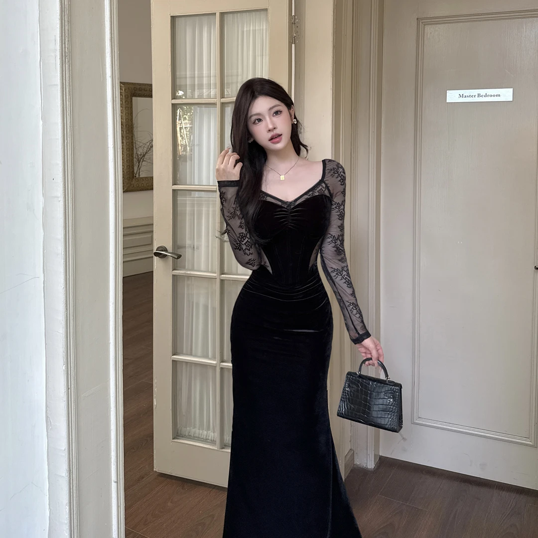 法式方领蕾丝拼接鱼骨丝绒名媛连衣裙秋冬气质御姐修身包臀长裙子