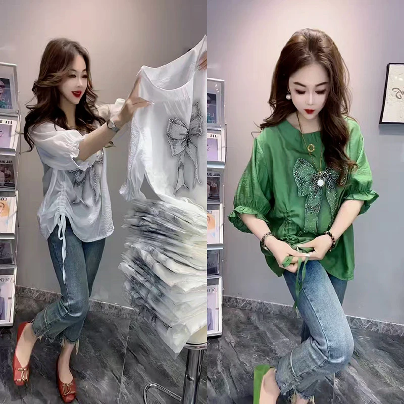 2025时尚夏季新品设计蝴蝶结五分袖T恤女韩版宽松显瘦ins休闲上衣