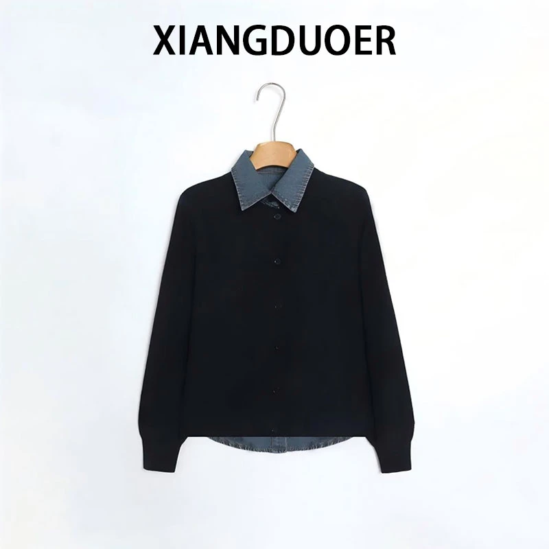 【温柔立场】撞色假两件牛仔拼接针织衫毛衣2026冬新款通勤高级穿搭