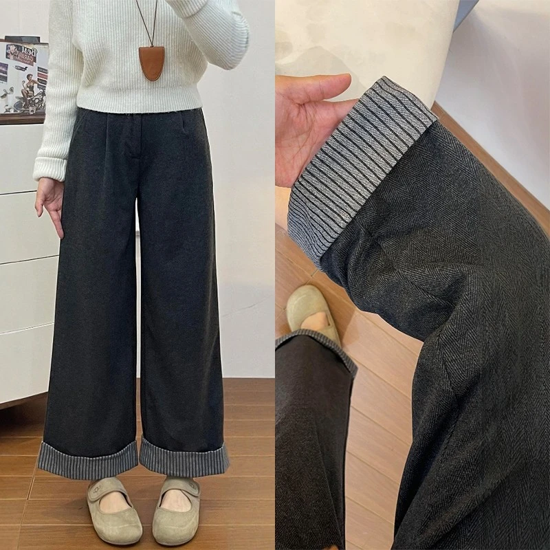 大码冬季款垂感加绒阔腿裤女梨形身材高腰宽松显瘦慵懒百搭休闲裤