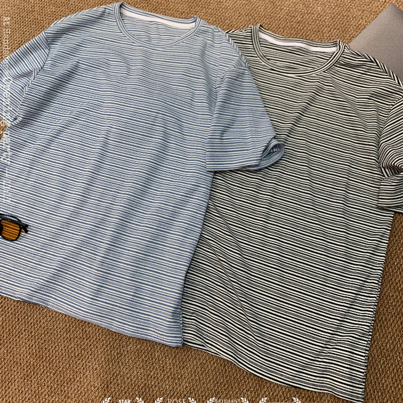 陈达浪不太胖大码男装夏新款潮流百搭时尚港风无影墙条纹短袖T恤