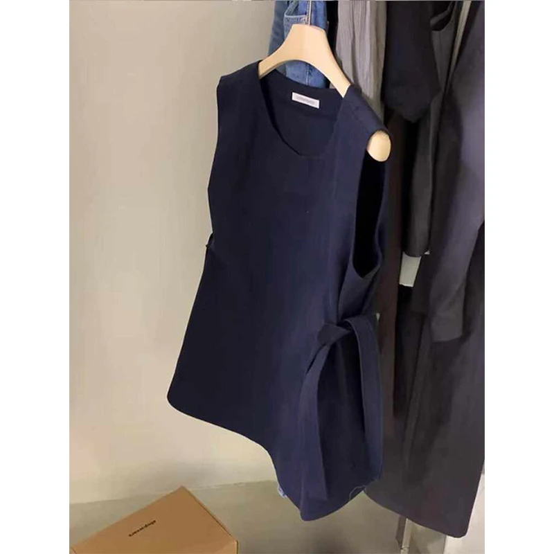 高级感减龄气质收腰T恤女2025夏季新款设计感小众藏蓝色无袖上衣