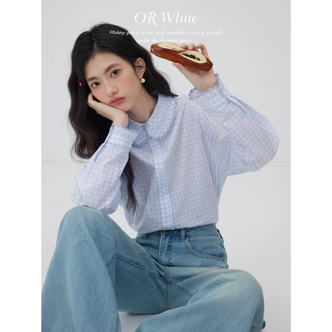 ORWhite法式复古蓝色元宝领格纹衬衫女春宽松显瘦长袖通勤百搭