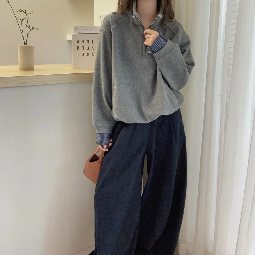 欧洲站2025冬季新款欧货潮立领半拉链加绒卫衣女宽松假两件上衣女