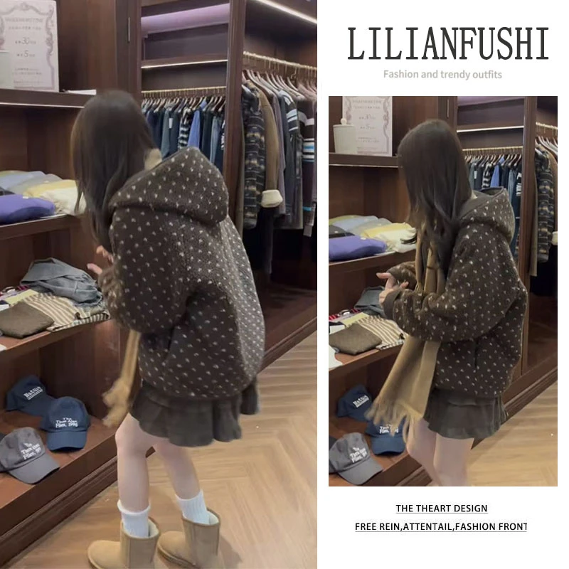 时尚穿搭女2025秋冬新款慵懒风宽松长袖连帽外套显瘦短裙两件套装