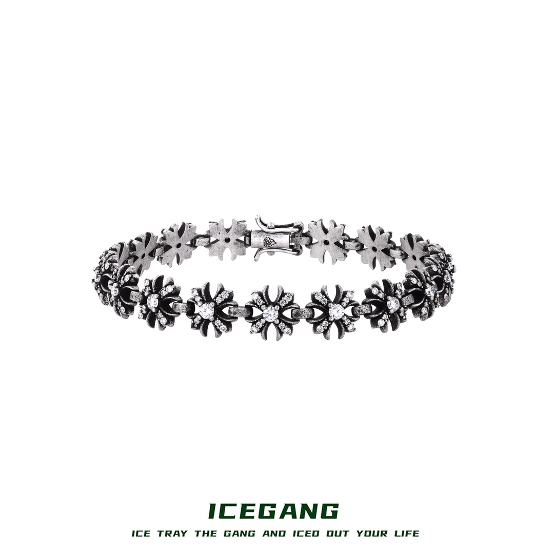 ICEGANG 铜合金莫桑石手链 做旧鸢尾花短十字军花手链莫桑石复古