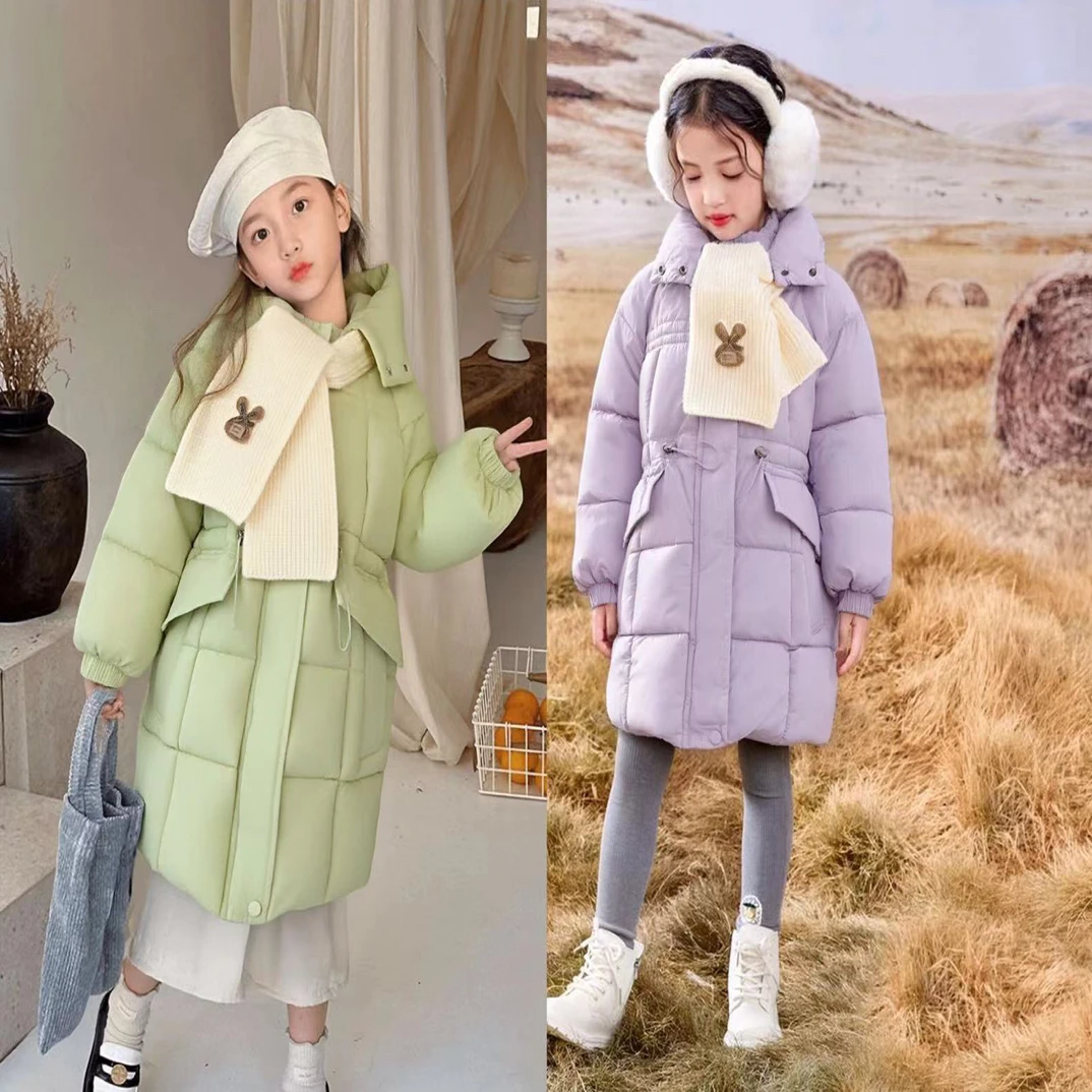 2025新款女童中大童韩版时尚中长款纯色棉服外套