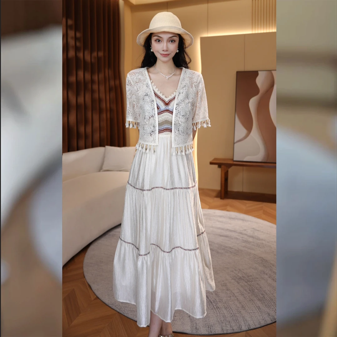 【定制套装】针织吊带连衣裙+开衫甜美气质温柔度假套装JBC2531299