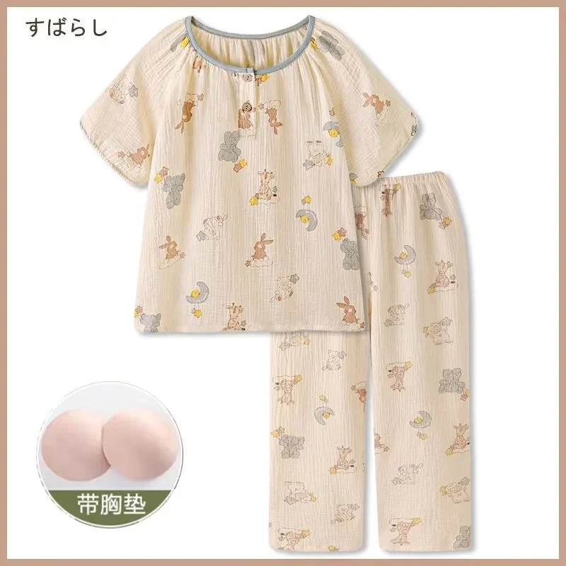 新款带乳垫100%纯棉薄款夏季双层棉婴儿棉透气全棉薄款睡衣女套装