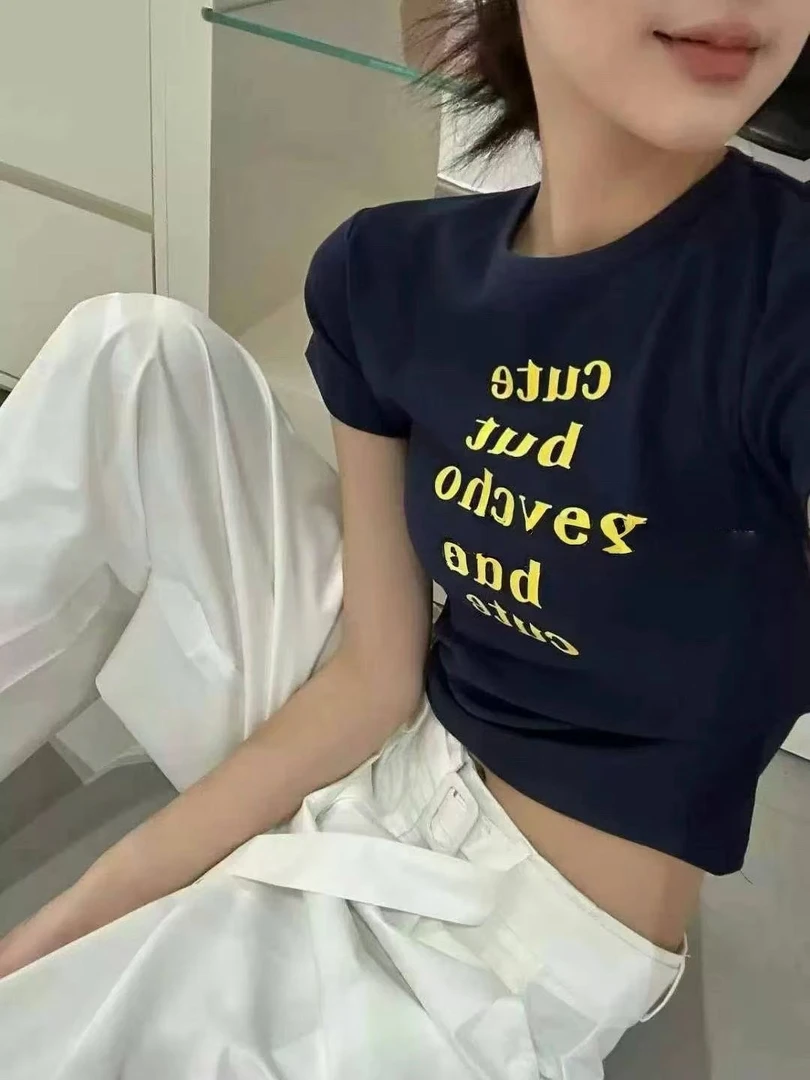 E念2828减龄显瘦韩系彩色多巴胺穿搭休闲时尚正肩短袖字母印花T恤