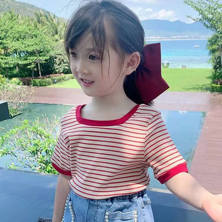 YeeHoO英氏【断码】韩版女童夏装~潮款短袖T恤宝宝新款条纹夏季薄