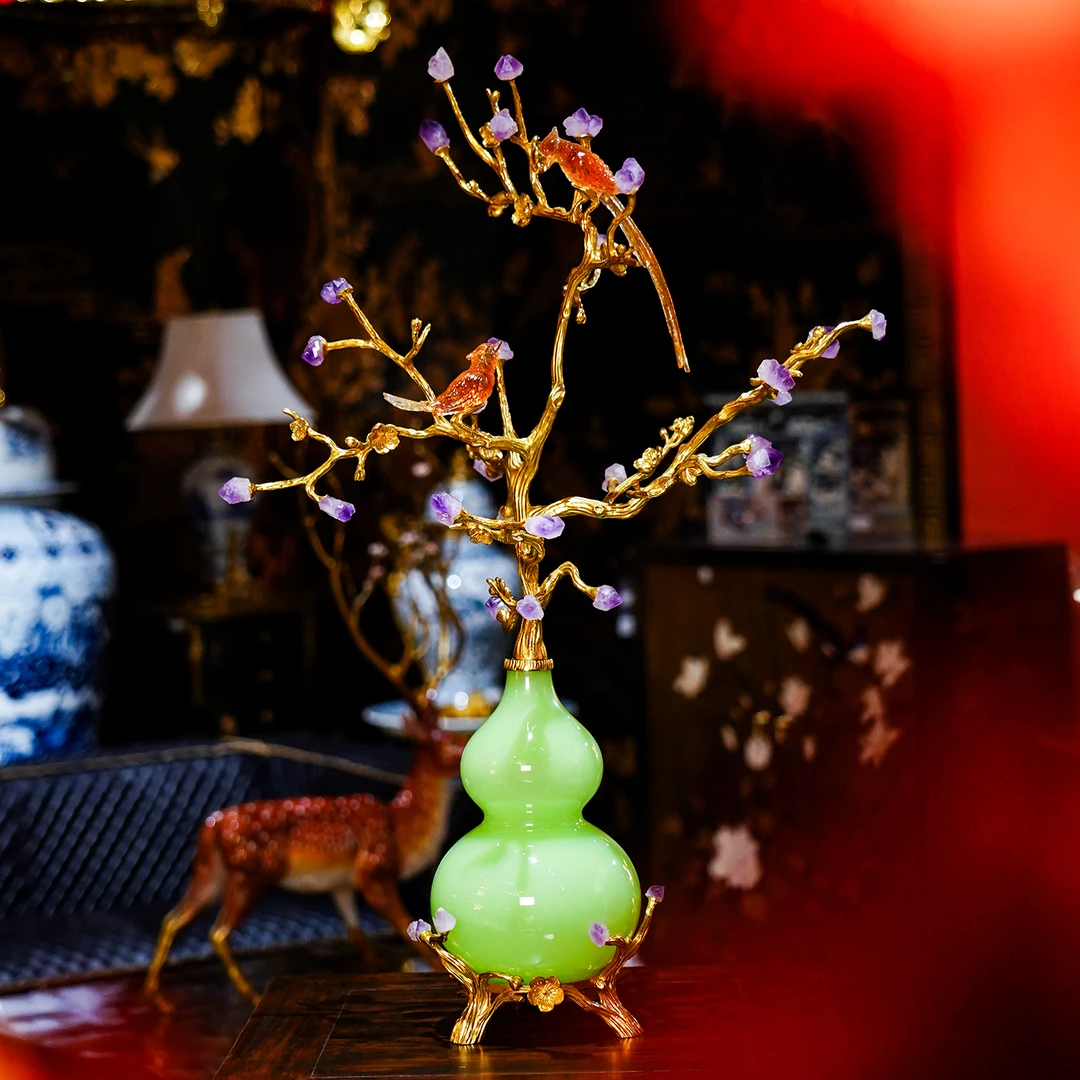 【本尼家】黄铜配仿绿玉葫芦树福禄摆件轻奢琉璃雀高档玄关艺术装饰