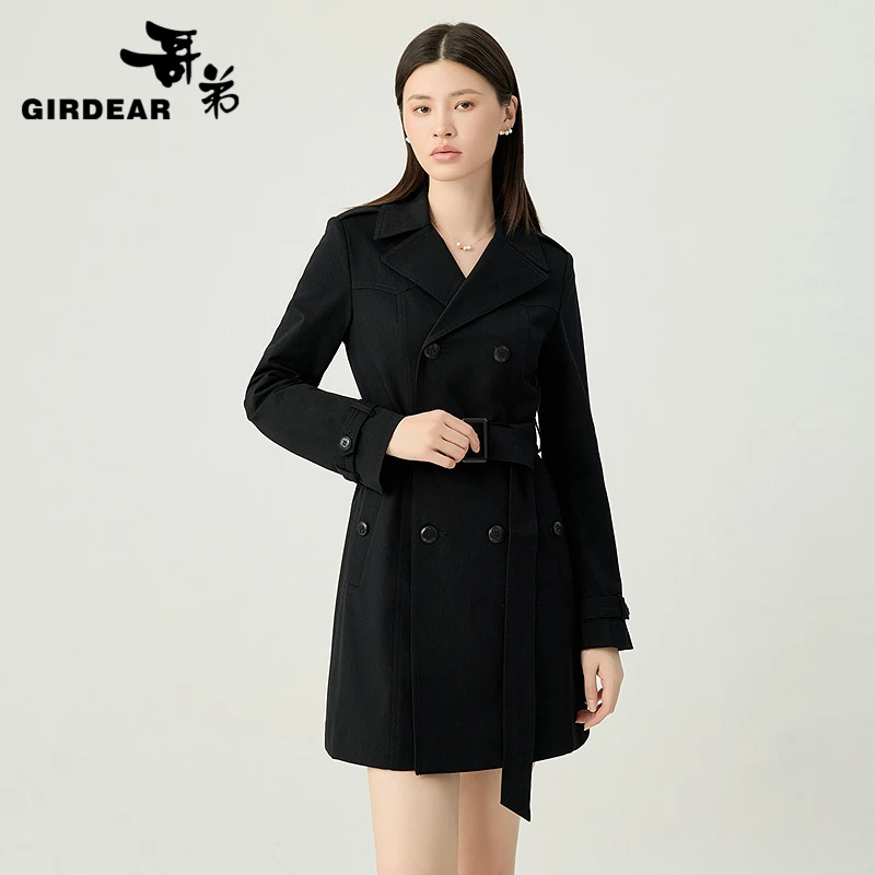 GIRDEAR/哥弟新款通勤翻领腰带双排扣中长款招牌风衣外套140006