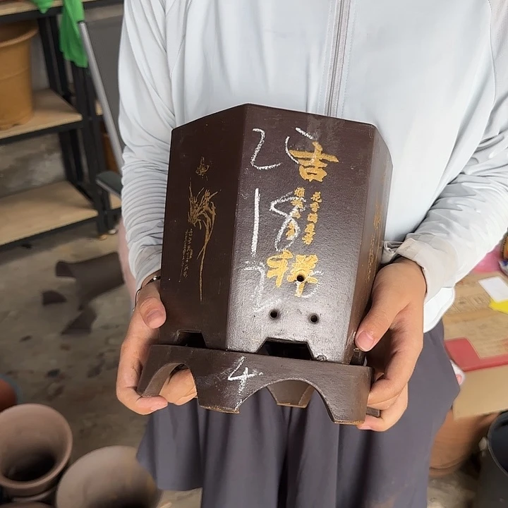 棕色如意六方小加拖花盆
