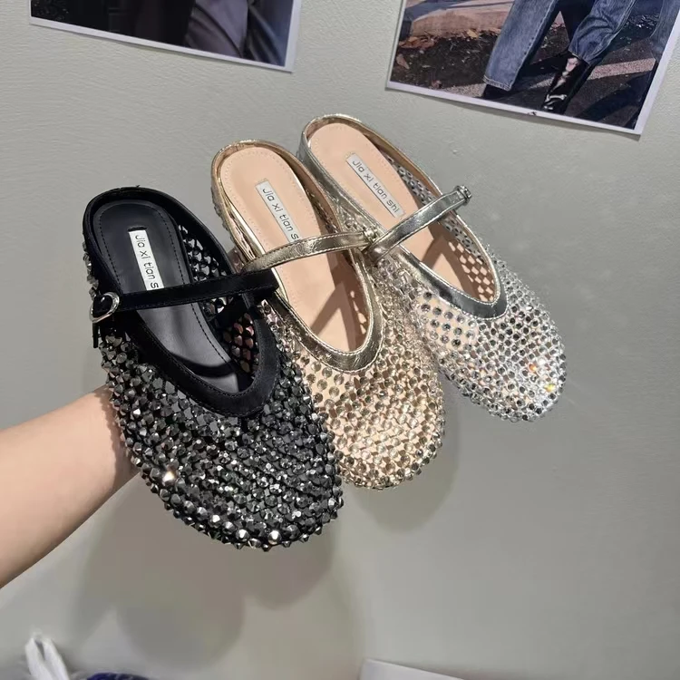 内增高水钻满钻渔网镂空包头拖一字玛丽珍单鞋半拖鞋时尚【Y】