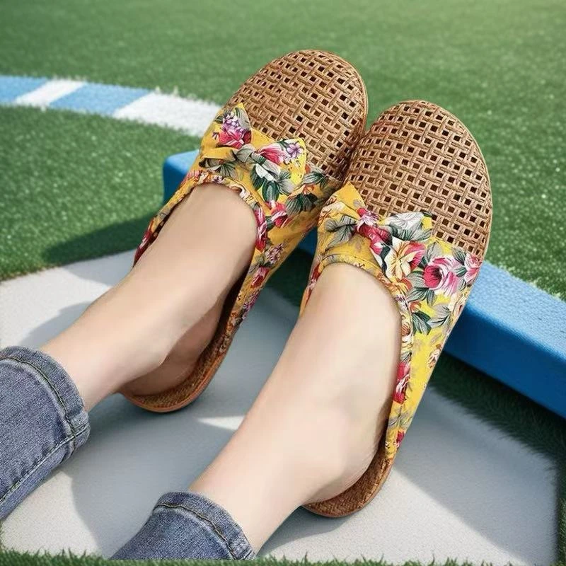 新款夏季亚草编织凉拖鞋居家女士亚麻家居室内防滑厚底藤草透气