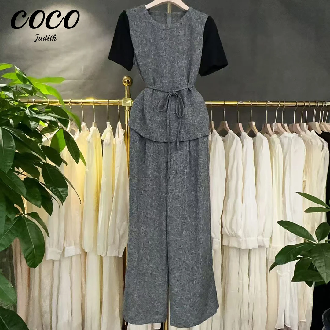 【RG6816】2025新款时尚气质百搭休闲减龄设计师显瘦T恤阔腿裤套装