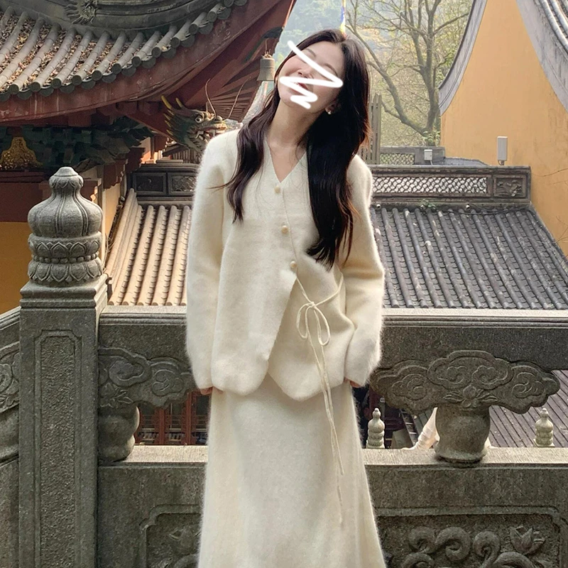 温柔风不规则绑带长袖毛衣连衣裙女2025秋外套针织半身裙套装8997