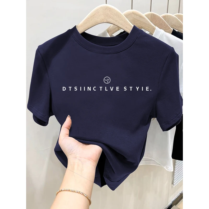 2025新款正肩短袖t恤女装设计感小众时尚百搭洋气藏青色上衣夏季