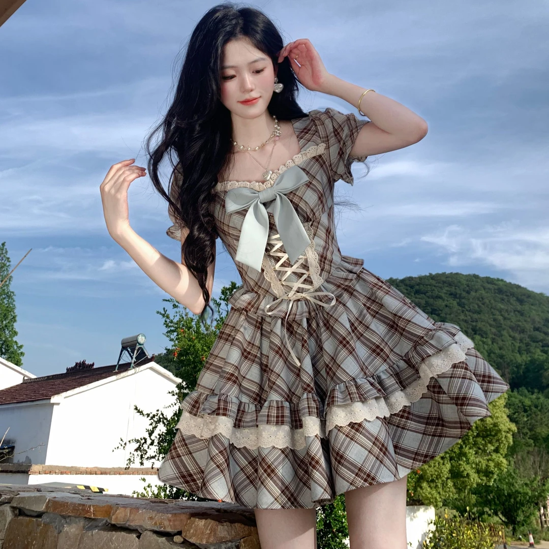 Blovelan榛果拿铁 甜辣复古格纹蕾丝绑带收腰可爱蓬蓬裙夏