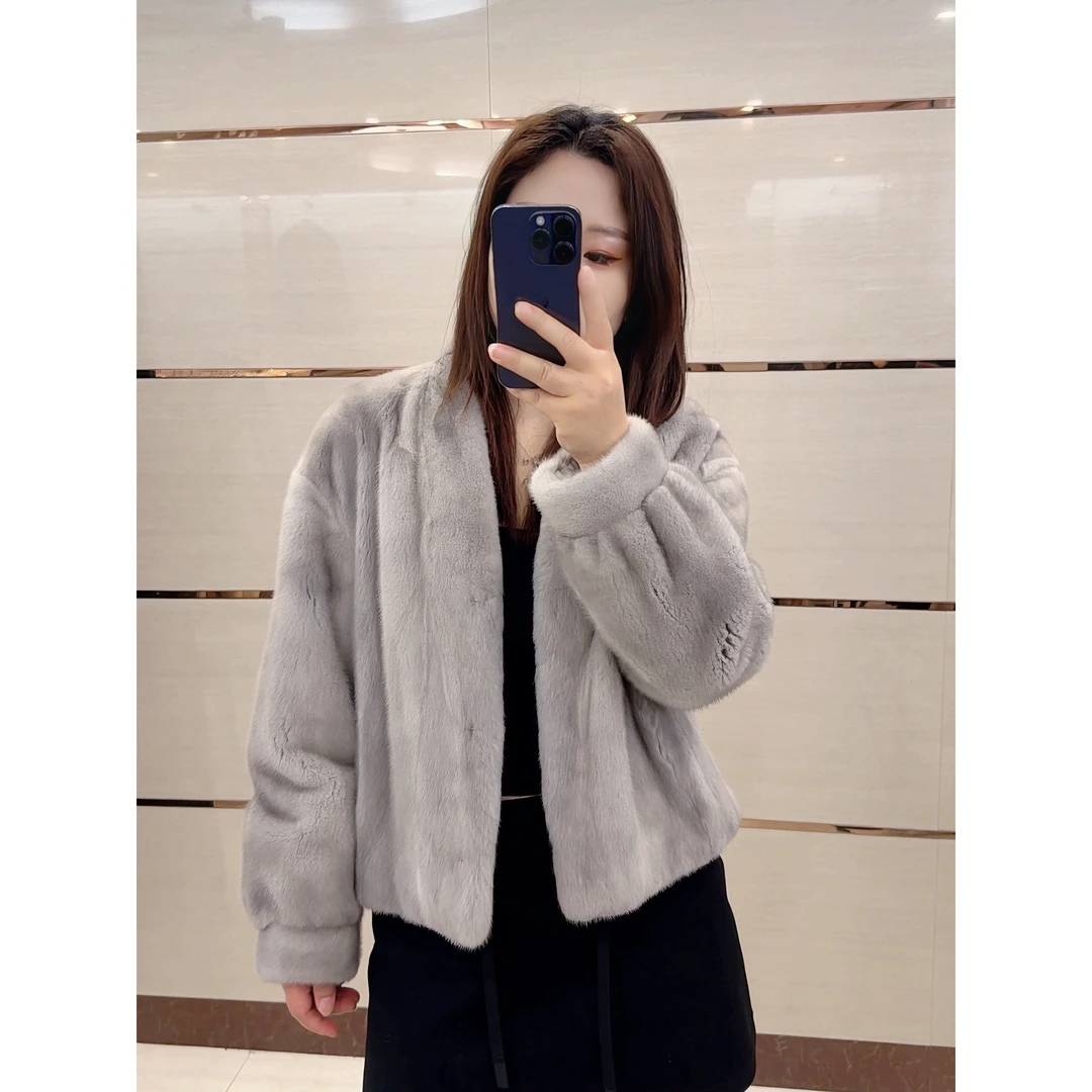 进口短二水貂V领休闲皮草外套