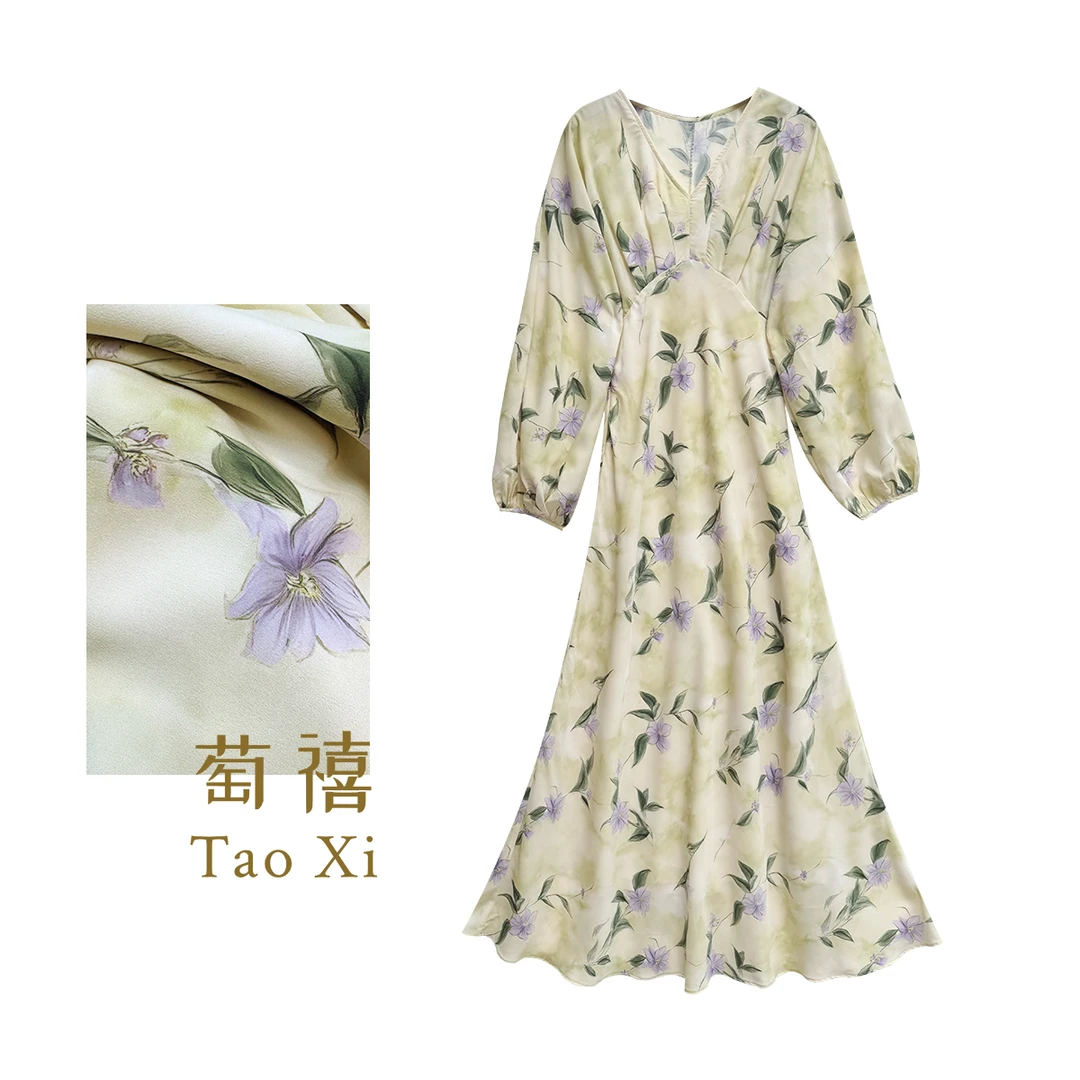 【萄禧】粉绿植物印花斜裁桑蚕丝灯笼袖高腰修身连衣裙TX06QZ1152