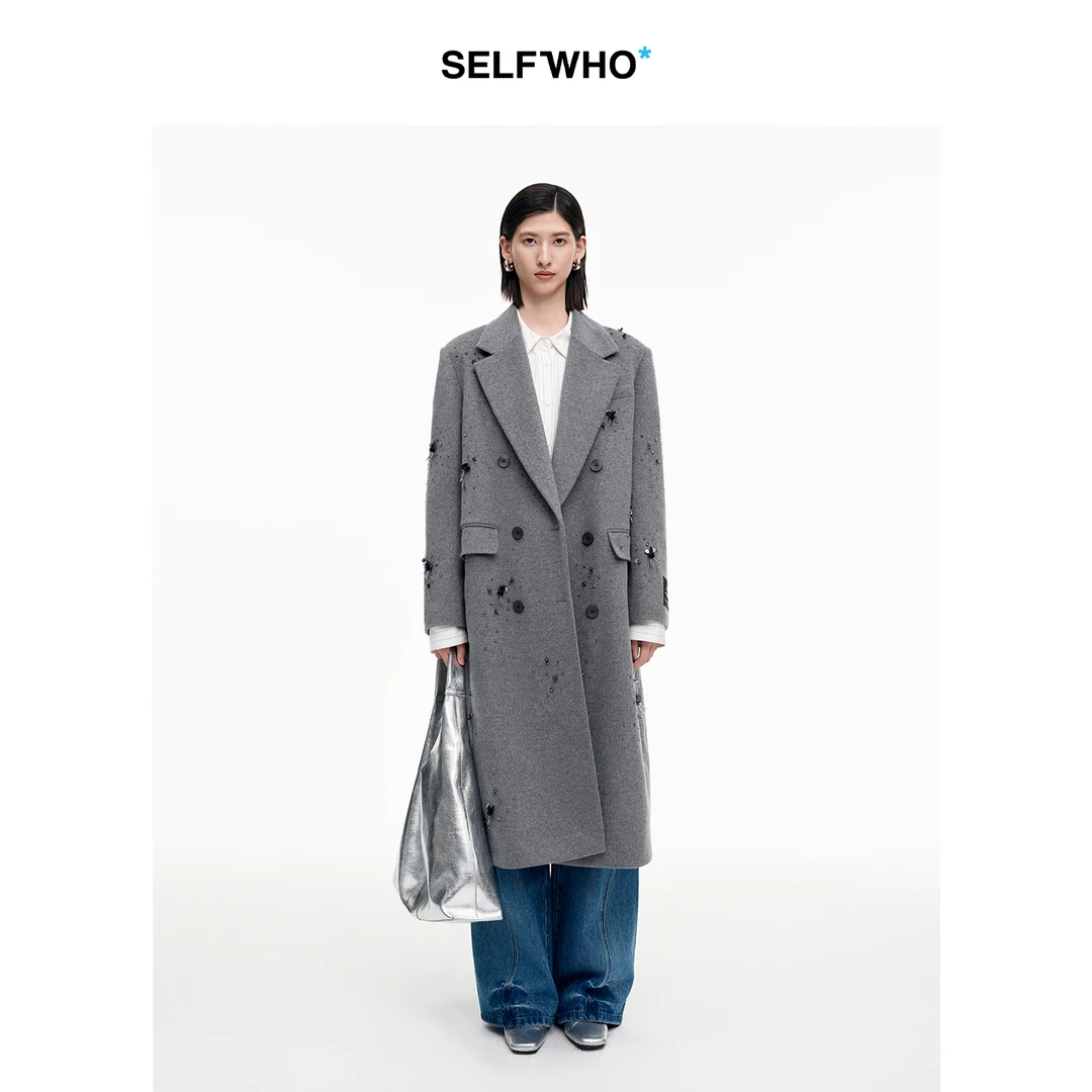 SELFWHO100%绵羊毛钉珠珠片双排扣毛呢大衣女2025秋新款灰色外套
