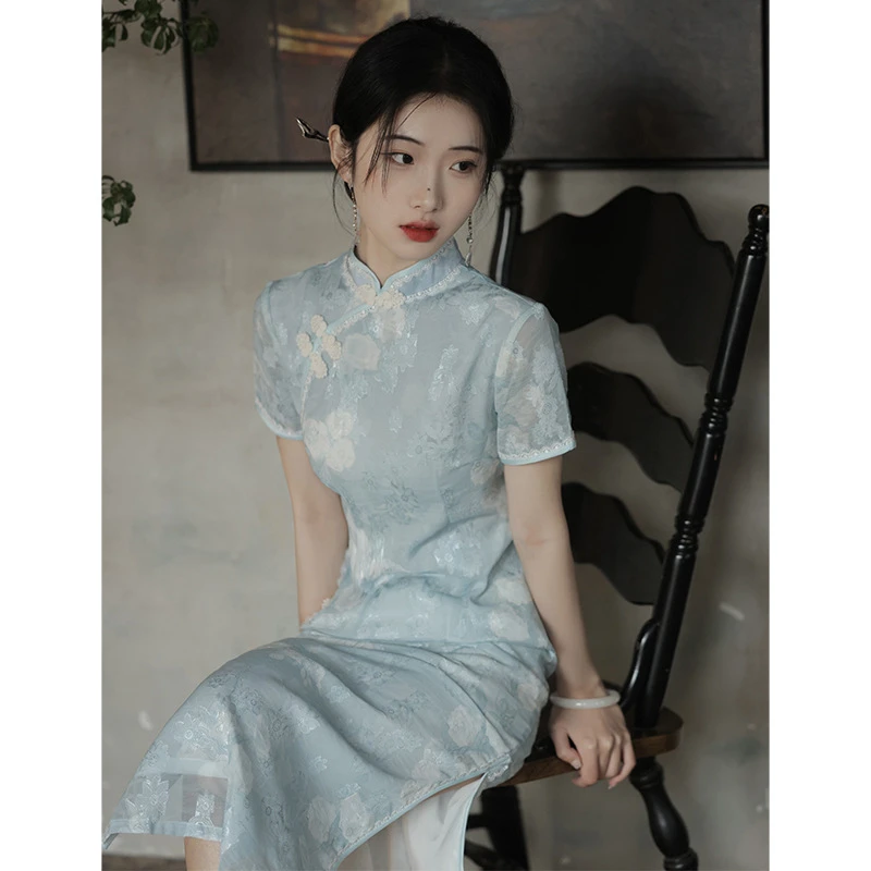 蓝色国风改良旗袍夏季新款2025年轻款气质高端新中式短袖日常长款