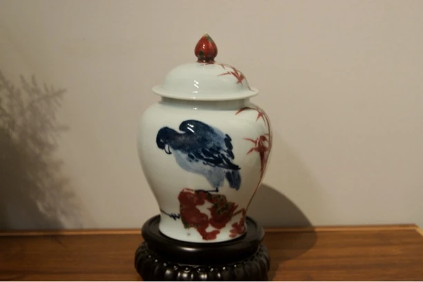 易炎窑原创手工手绘气窑釉下高温烧原矿青花釉里红醒茶叶半斤茶罐