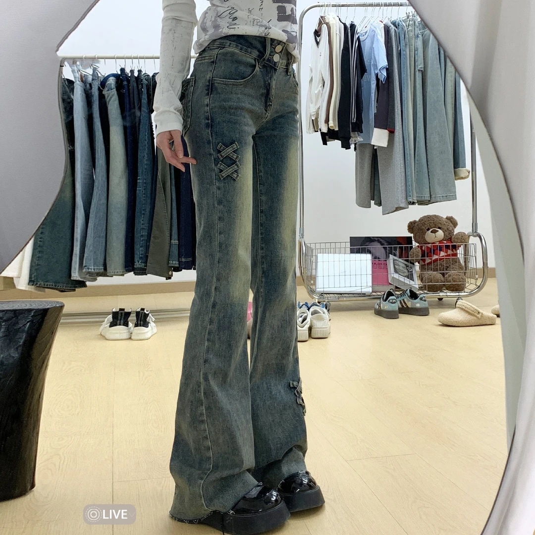 复古蓝双扣微喇裤子牛仔裤女新款修身设计感显瘦弹力喇叭拖地裤