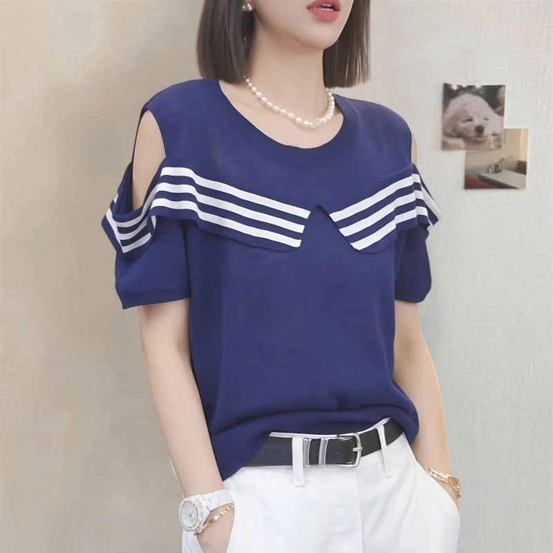 2025年撞色夏季新款气质露肩针织衫上衣T恤时尚百搭洋气简约短袖