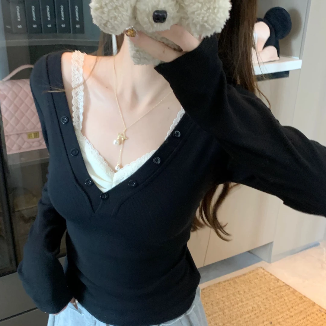 大码女装20747性感纯欲风蕾丝吊带假两件上衣收腰显瘦长袖小衫
