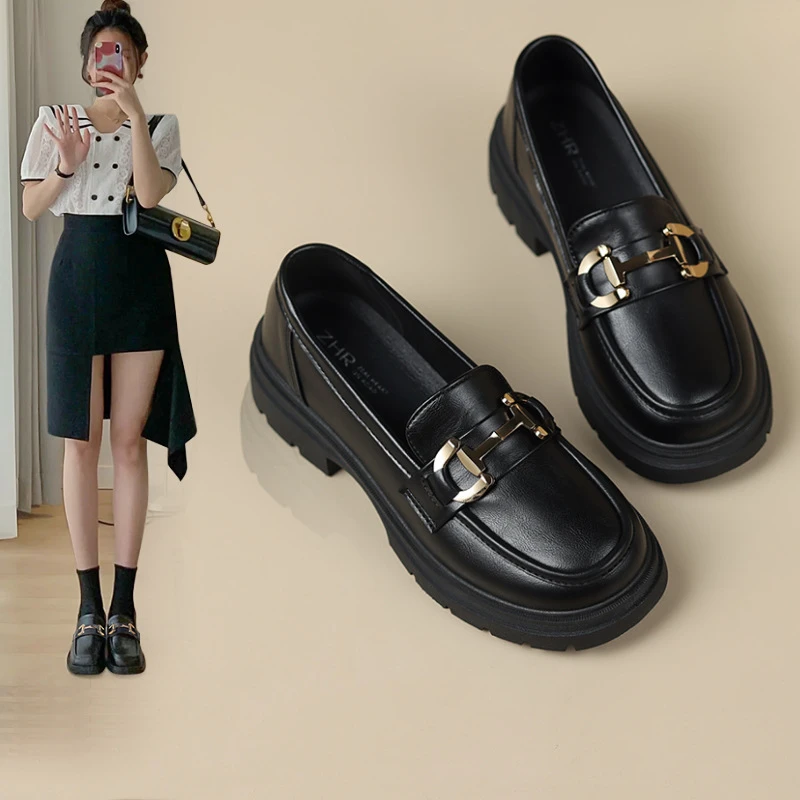 ZHR英伦风小皮鞋女春秋百搭厚底乐福鞋2025新款黑色女鞋配裙子