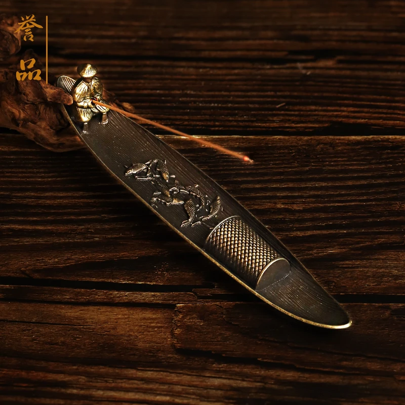 渔翁垂钓古铜合金复古线香炉家用室内香座檀香沉香线香薰香炉摆件