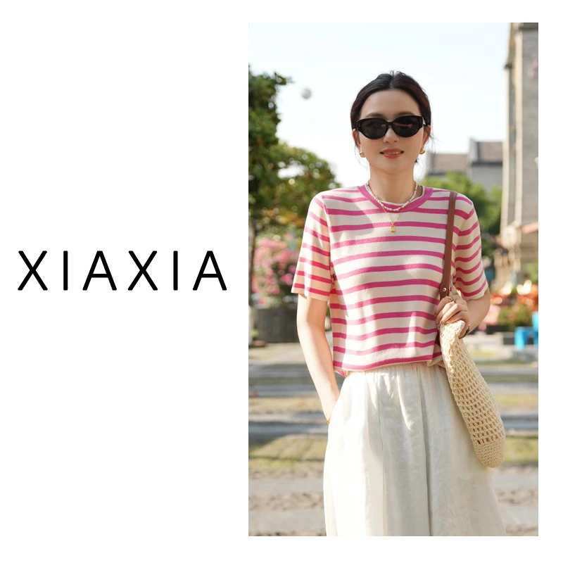【减龄通勤】 2025夏季 减龄粉白条纹 宽松百搭 桑蚕丝 短袖 XX