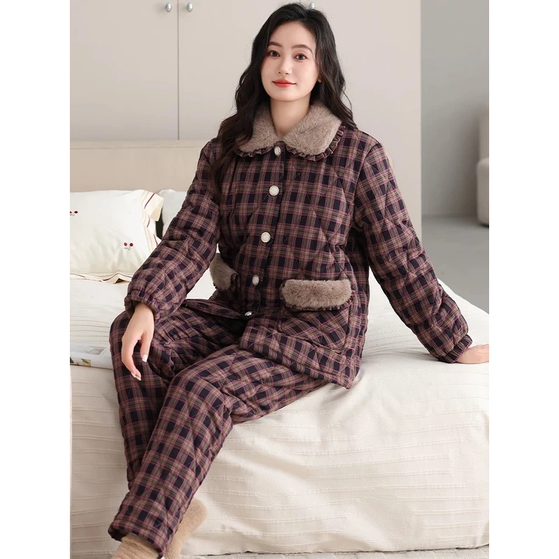 梭织纯棉格子翻领冬季睡衣女三层夹棉袄中年妈妈家居服套装可外穿