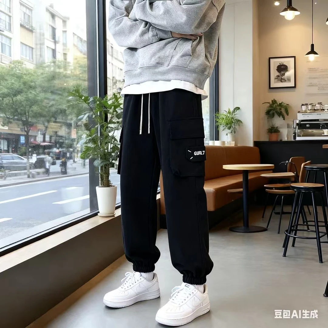 9307 黑色 青少年潮牌冬季加绒束脚卫裤